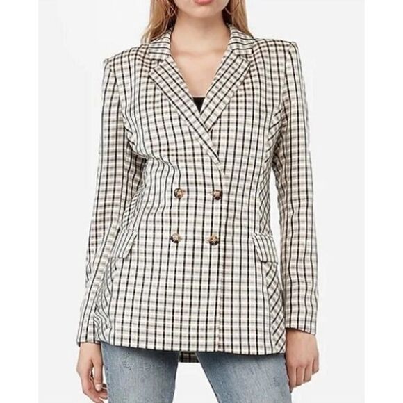 NWOT EXPRESS X NEGIN MIRSALEHI MIXED PLAID BOYFRIEND BLAZER JACKET SMALL - Picture 1 of 14